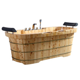 ALFI brand AB1130 65 2 Person Free Standing Cedar Wooden Bathtub with Fixtures & Headrests