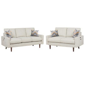 Abella Mid-Century Modern Beige Woven Fabric Sofa and Loveseat Living Room Set with USB Charging Ports & Pillows