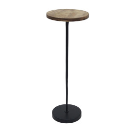 21 Inch Modern Metal Drink Table, Wood Tabletop, Pedestal Base, Brown