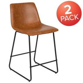 24 Inch Commercial Grade LeatherSoft Counter Height Barstools in Light Brown, Set of 2