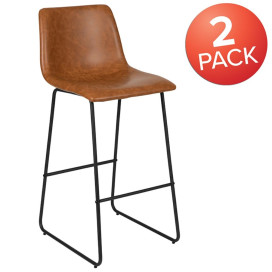 30 Inch Commercial Grade LeatherSoft Bar Height Barstools in Light Brown, Set of 2