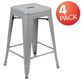24 High Metal Counter-Height, Indoor Bar Stool in Silver - Stackable Set of 4